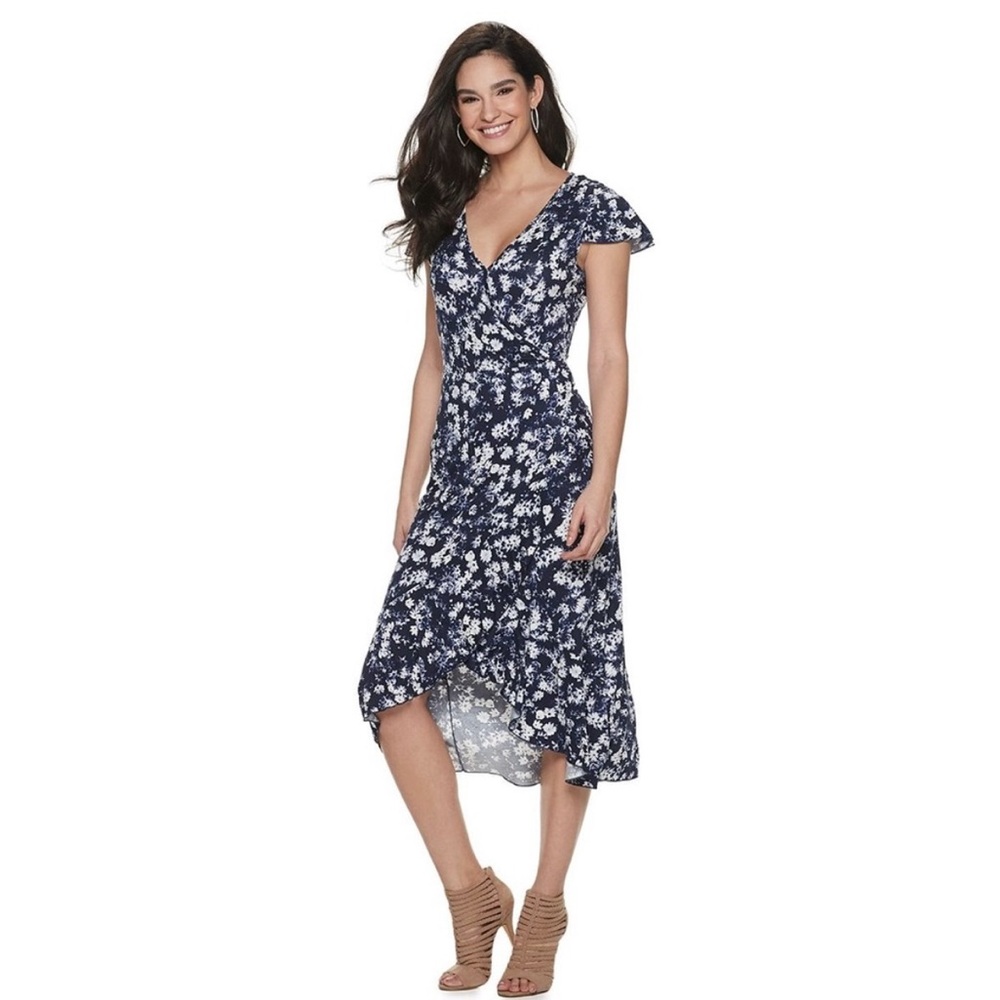 JUICY COUTURE Dress Floral Faux-Wrap Jersey V-Neck Ruffled High-Low Blue S L